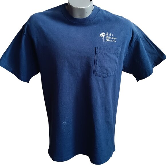 Men's Large Vtg T-Shirt Single Stitch Whistling Pines Inc. Pocket Hanes Beefy-T - Picture 2 of 8